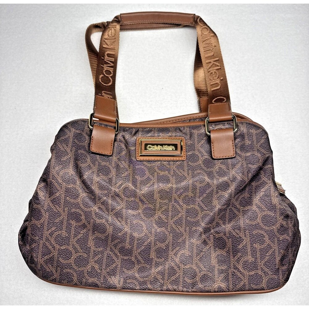 Calvin Klein Signature Monogram Satchel Handbag Brown Logo Purse Tote Womens